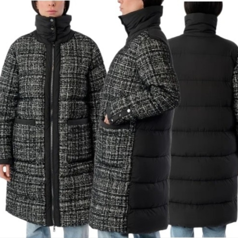 Bernardo Women's XXL Stylish Blended Wool Black and White Tweed Puffer Jacket
